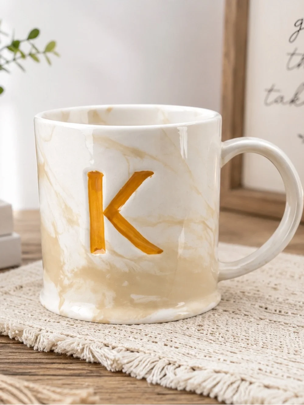 Anthropologie Marbled Letter K Monogram Initial Ceramic Mug Gold Cream